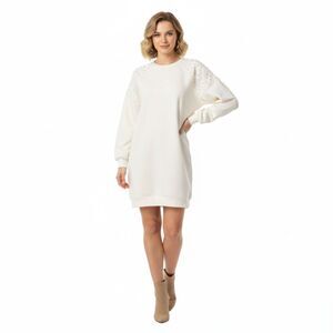 NWT Express Womens Small Pearl Embellished Sweatshirt Cream Dress